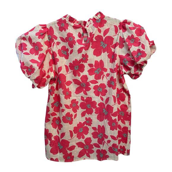 Boutique Style Floral‎ Puff Sleeve Blouse Ruffled Neck Pink Preppy- Size M - Picture 2 of 9